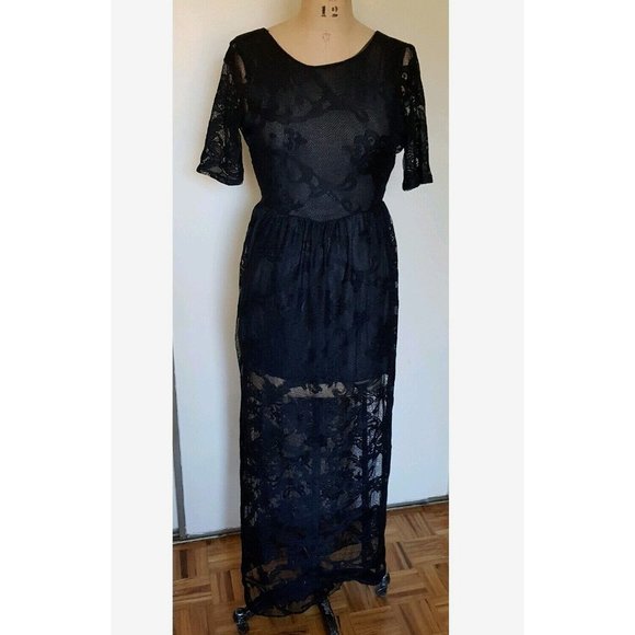Asos maxi black full lace V back  lined dress gown 4 - Picture 6 of 11